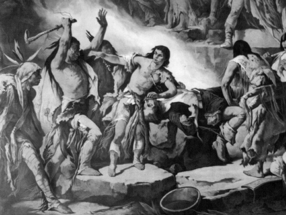 An illustration of Pocahontas saving the life of John Smith